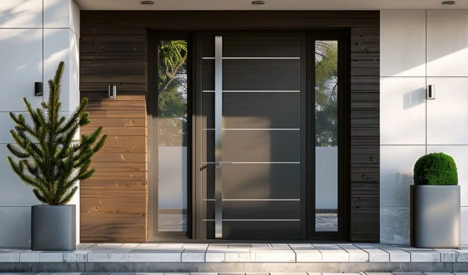 Modern dark front entry door with glass sidelight